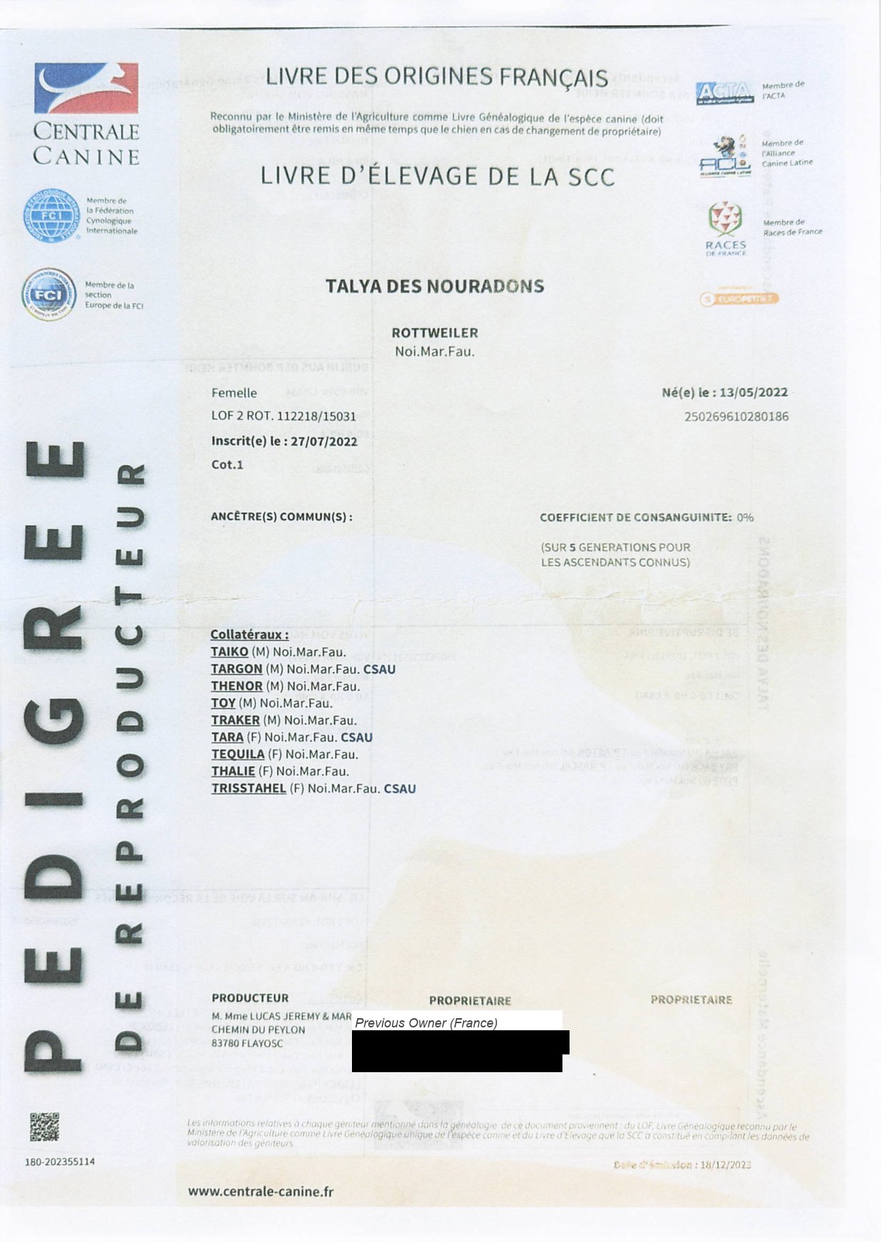 LOF 5-generation pedigree certificate for Talya des Nouradons — cover page