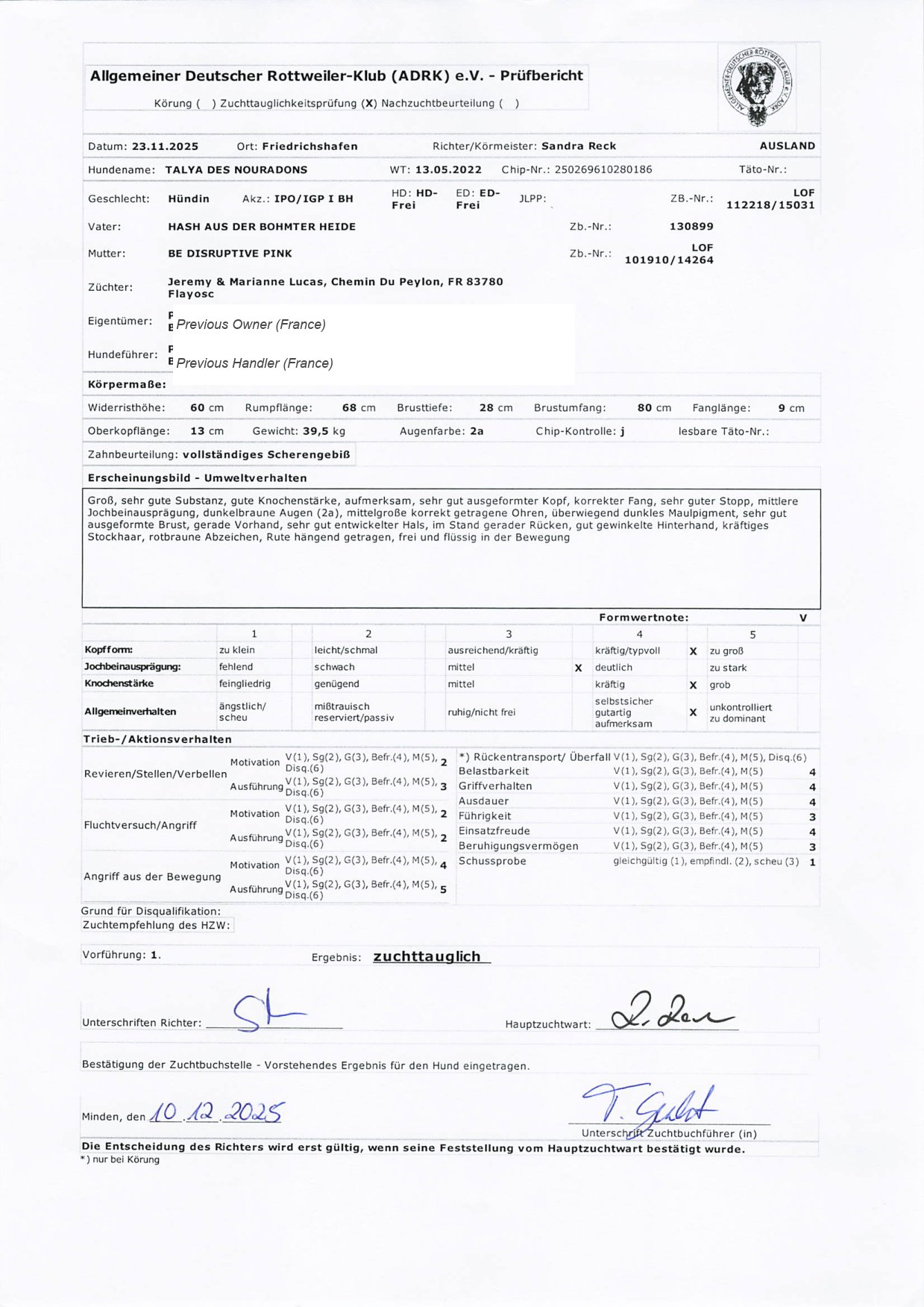 ADRK ZTP Pr&uuml;fbericht scoring form for Talya — judge Sandra Reck