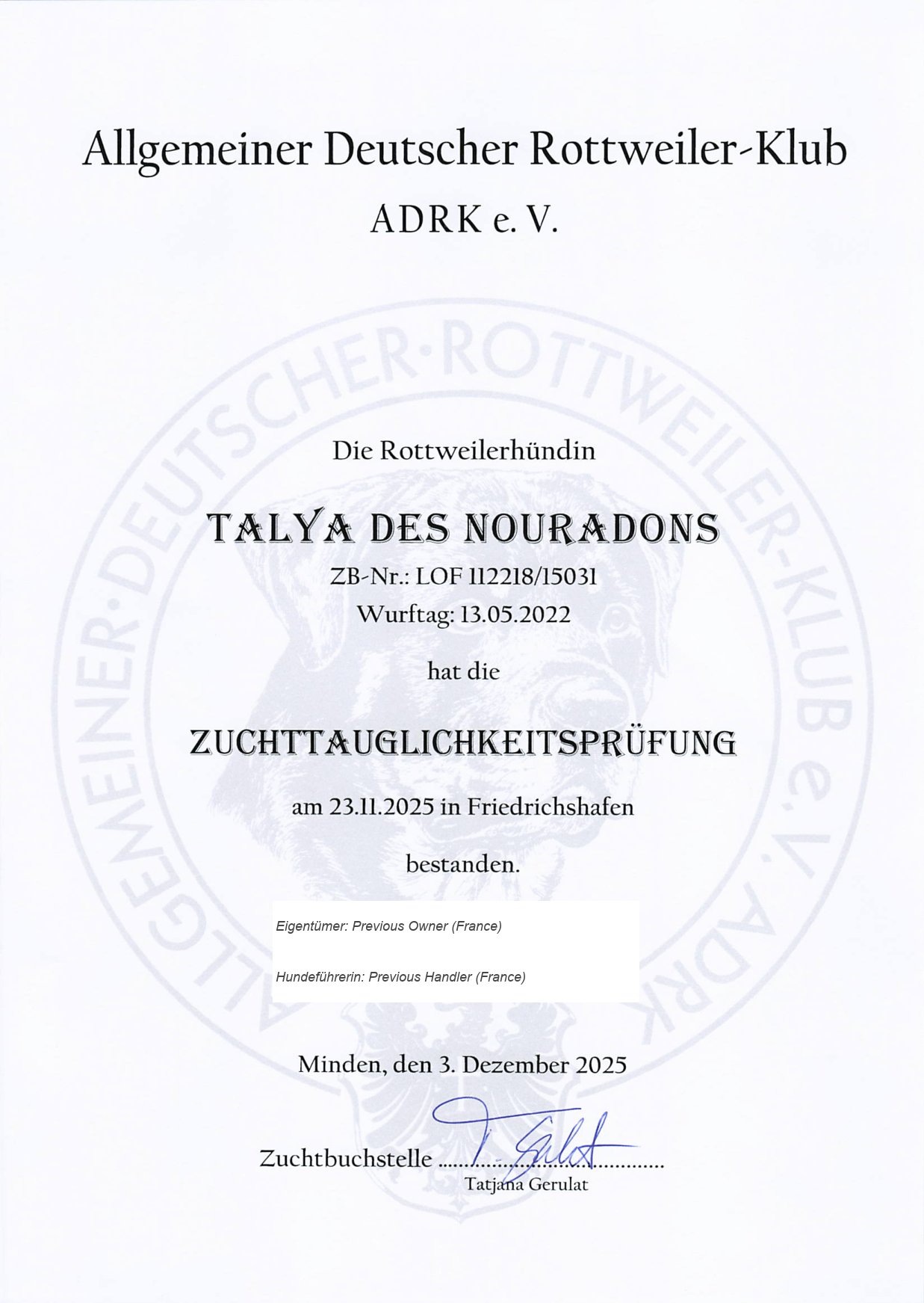 ADRK ZTP Urkunde for Talya des Nouradons
