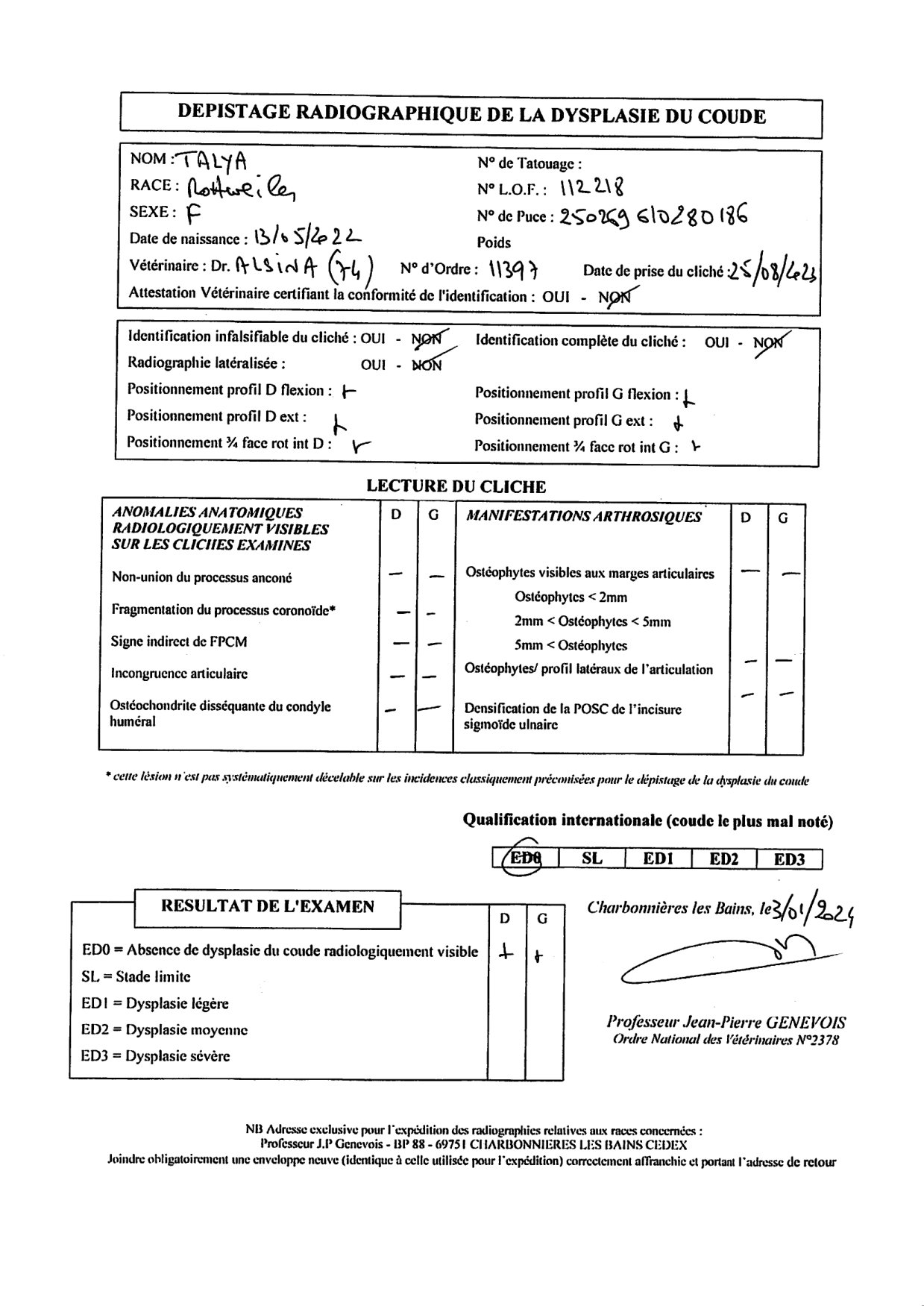ED-0 reading certificate for Talya