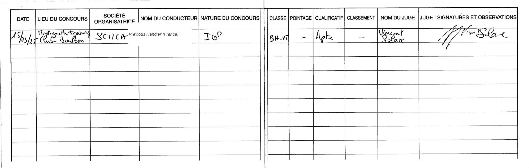 SCC Carnet de Travail BH-VT entry for Talya
